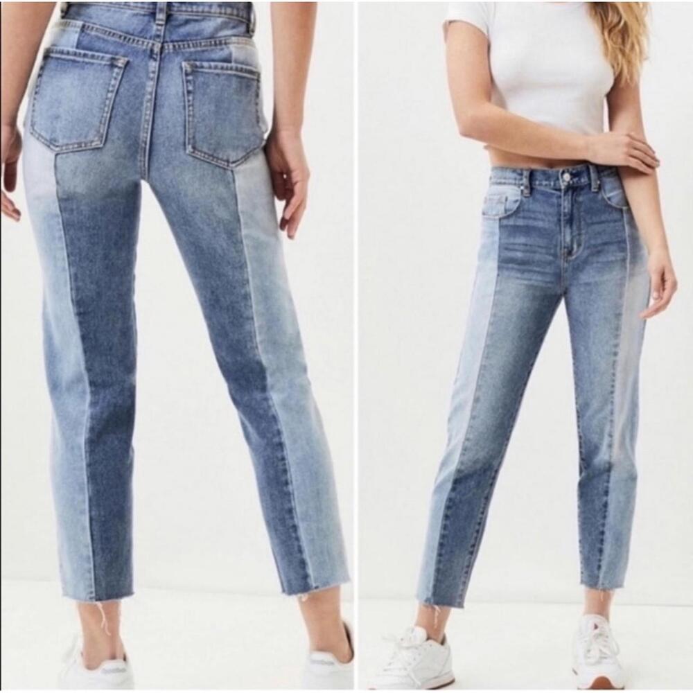 PACSUN Vintage Icon Cropped Jeans Blue Color-block Frayed Hem Mid Rise W 24"